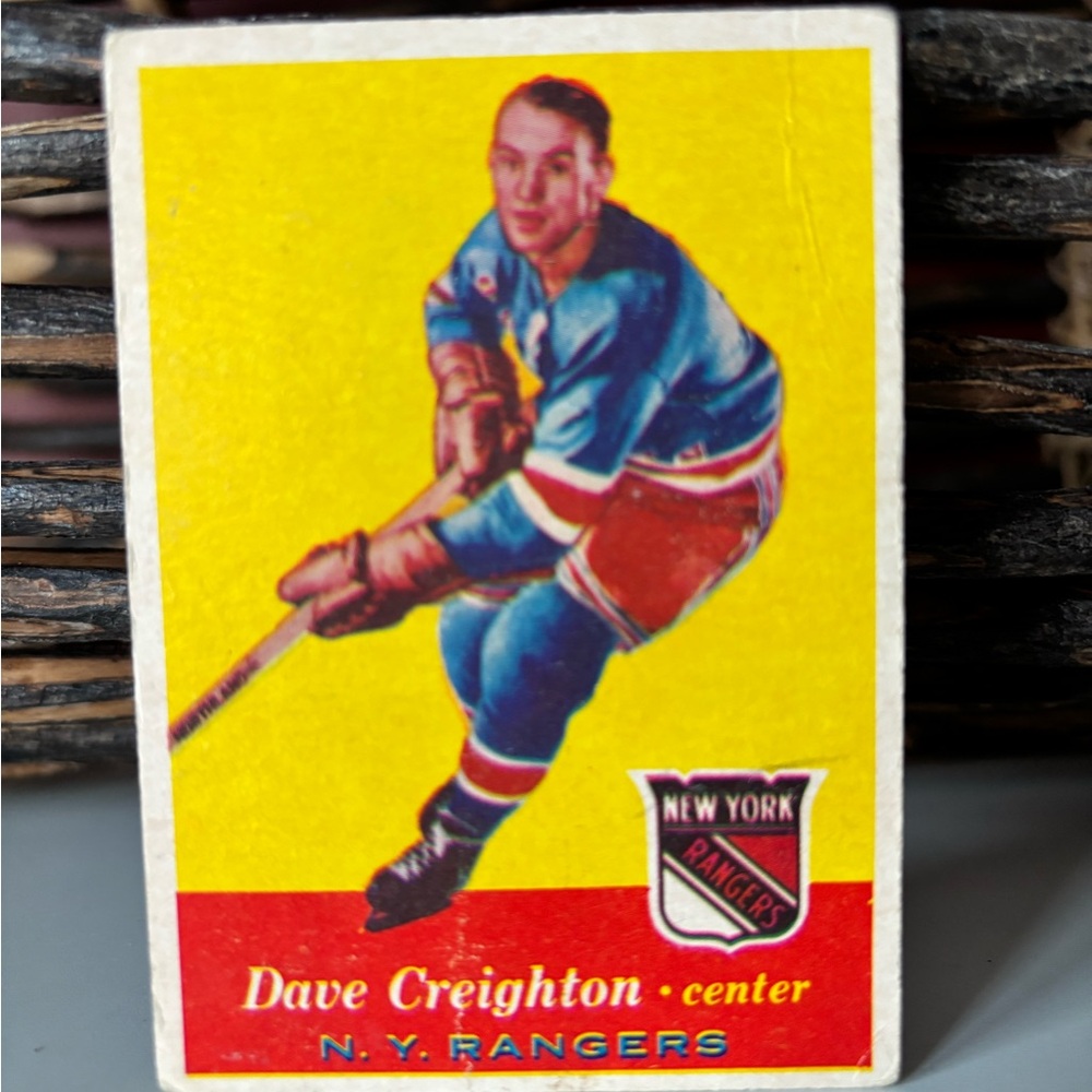Vintage 1957-58 TOPPS NY Rangers Wing Dave Creighton, center,  Hockey Card